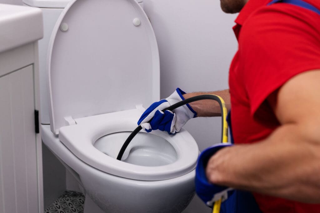 plumber unclogging blocked toilet with hydro jetting at home bathroom